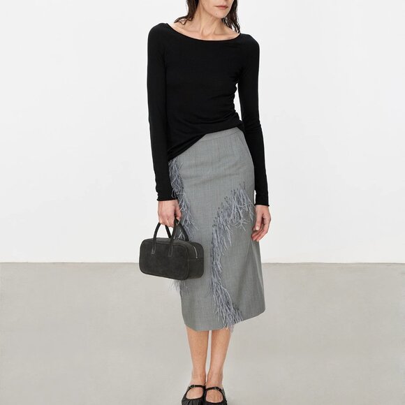 CHICJOC Ostrich Feather Beaded Wool Skirt size 40 in grey - Picture 5 of 14